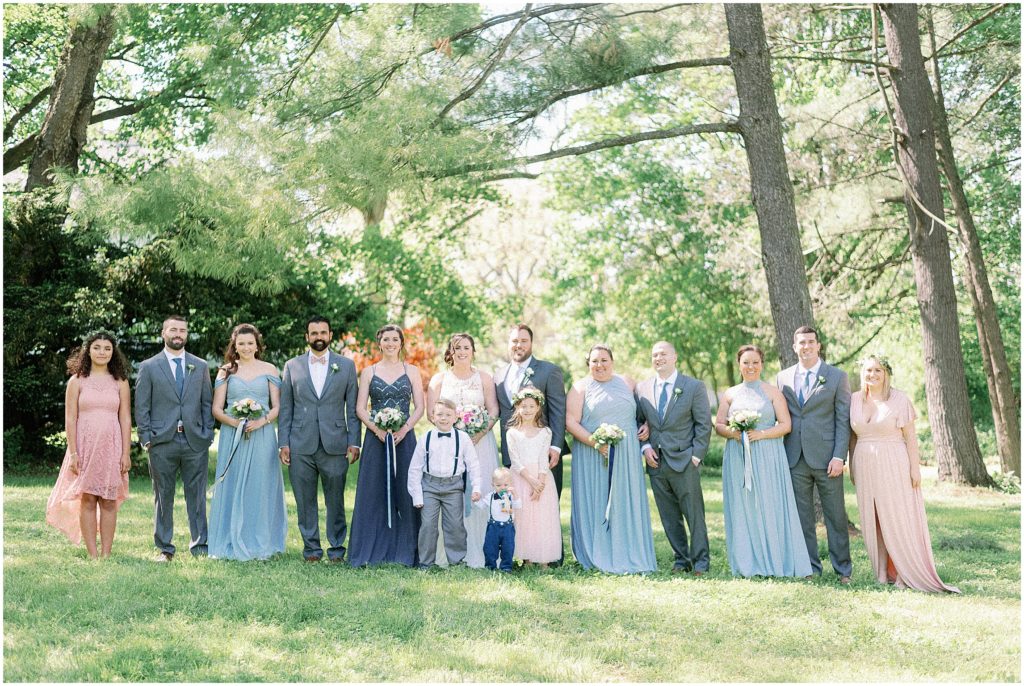 blue, grey and blush bridal party