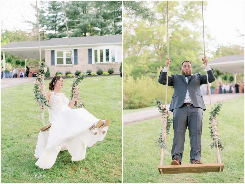 bride and groom on a tree swing