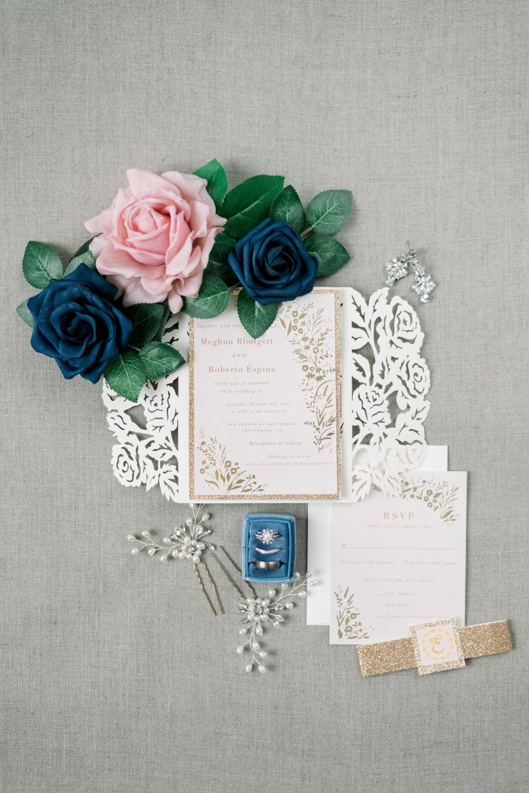 lace detailed laser print wedding invitations with pink and blue flowers
