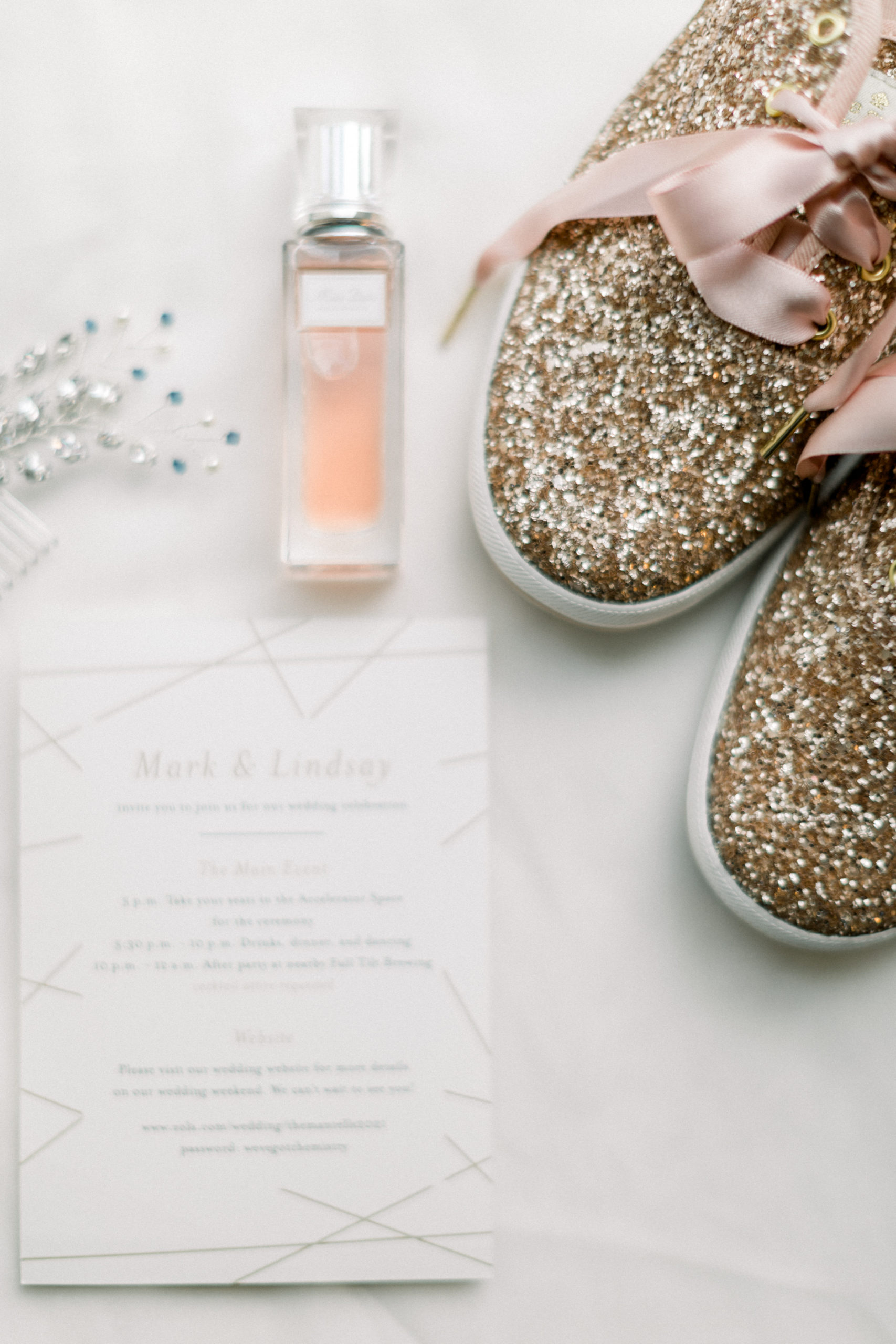 sparkly bridal shoes and perfume