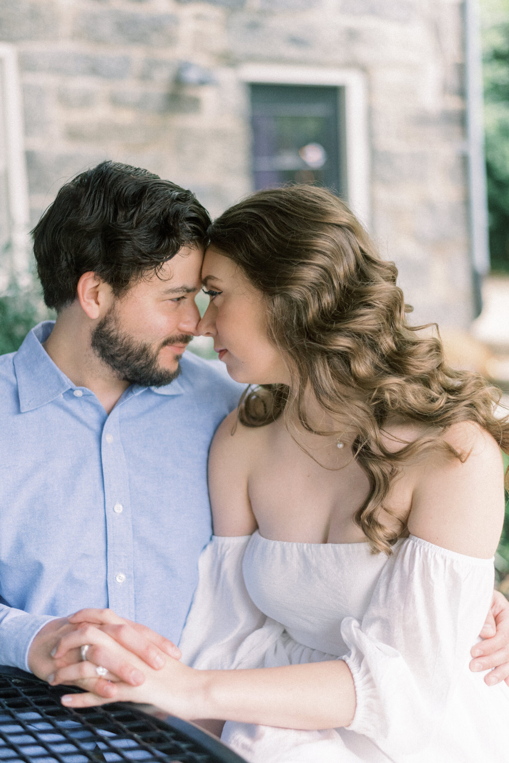 Maryland wedding photographer captures couple nose to nose during outdoor engagement photos