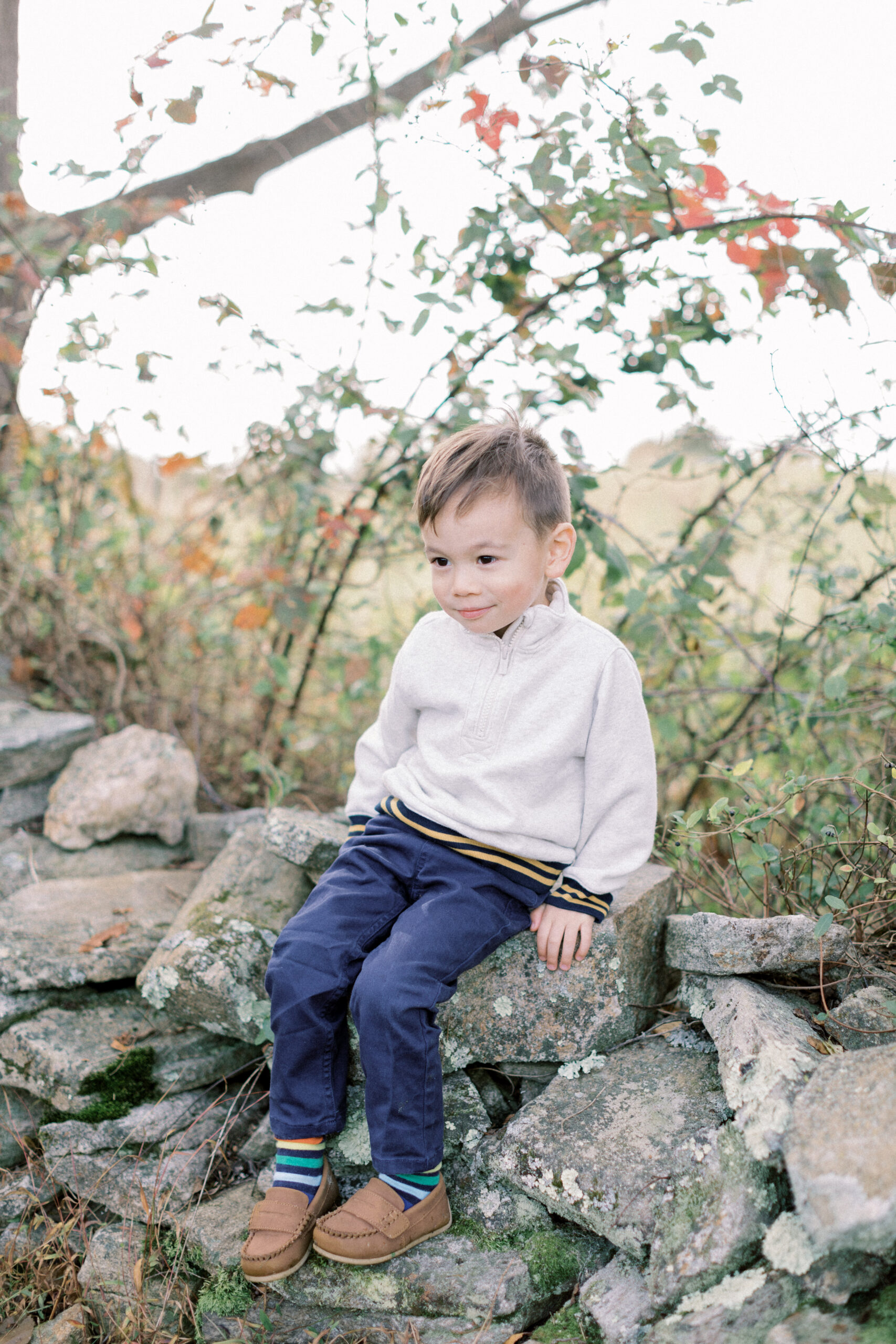 Maryland photographer captures young child sitting on rock wall wearing white sweater