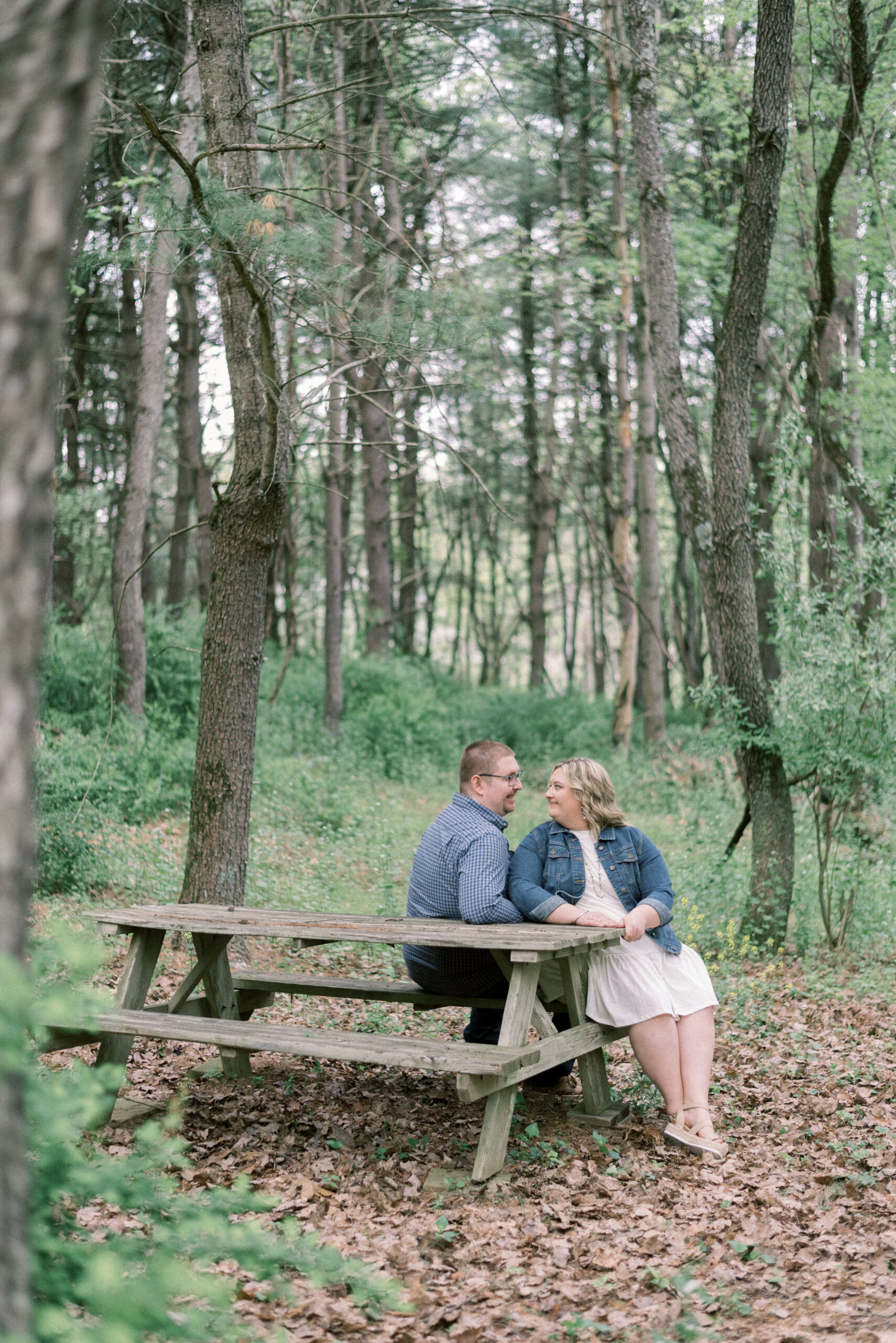 Pennsylvania wedding photographer captures newly engaged couple sitting together at picnic table