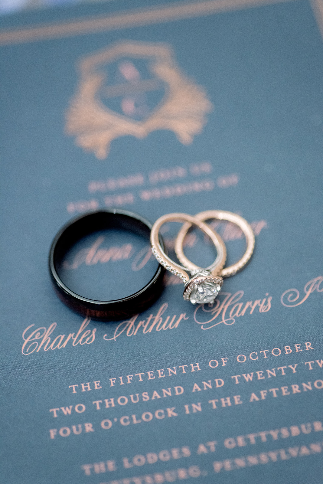 Pennsylvania wedding photographer captures wedding rings sitting on top of wedding invitations