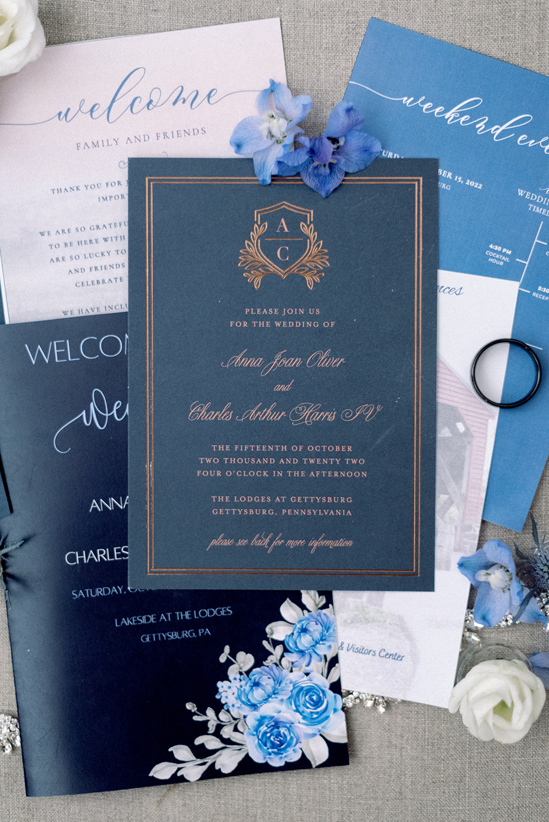Pennsylvania wedding photographer captures blue wedding invitations and wedding details