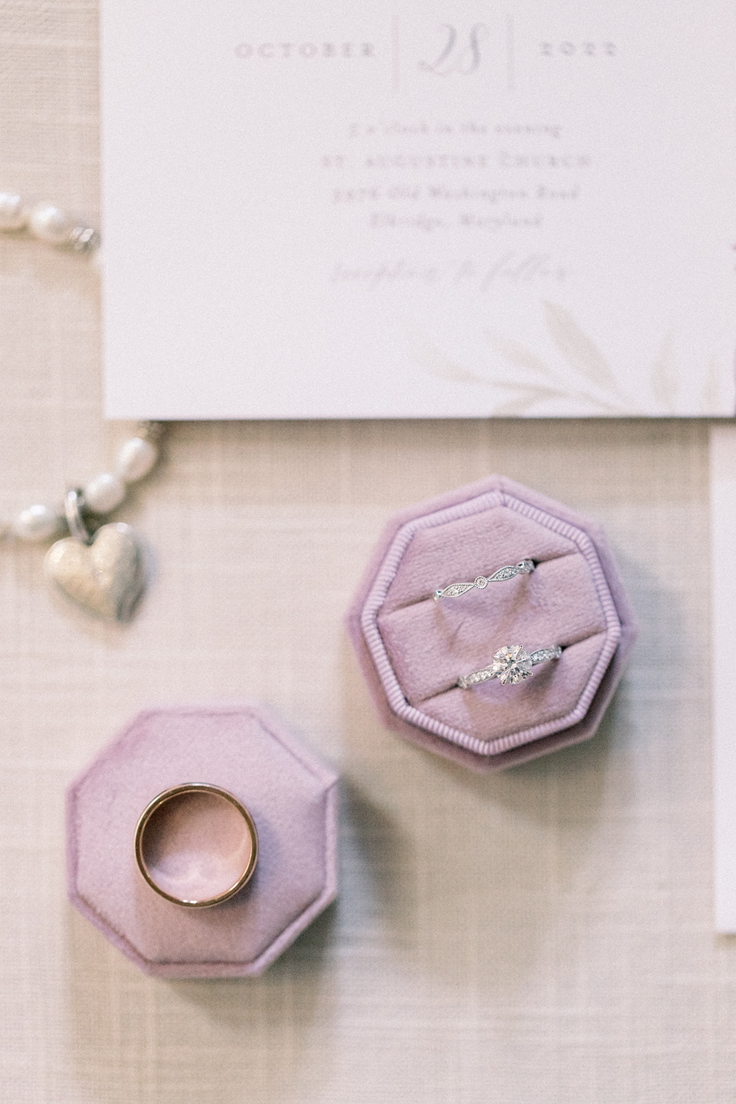 Pennsylvania wedding photographer captures lavender wedding invitations and ring box