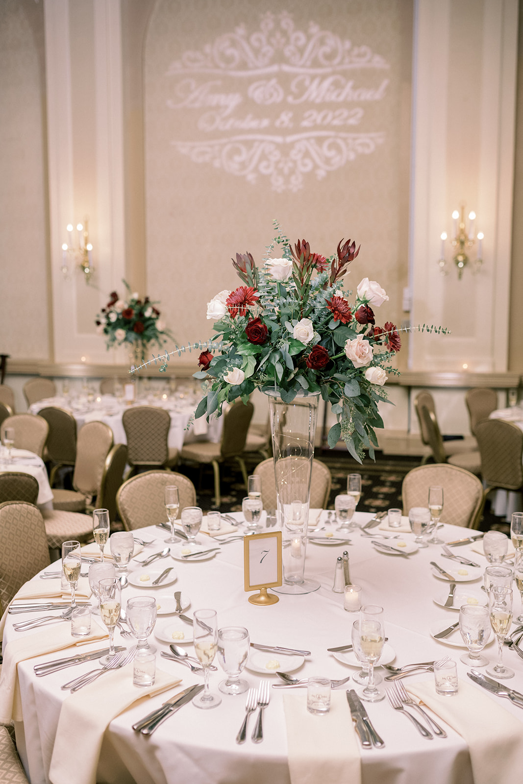 Pennsylvania wedding photographer captures reception with white tables and table settings before wedding