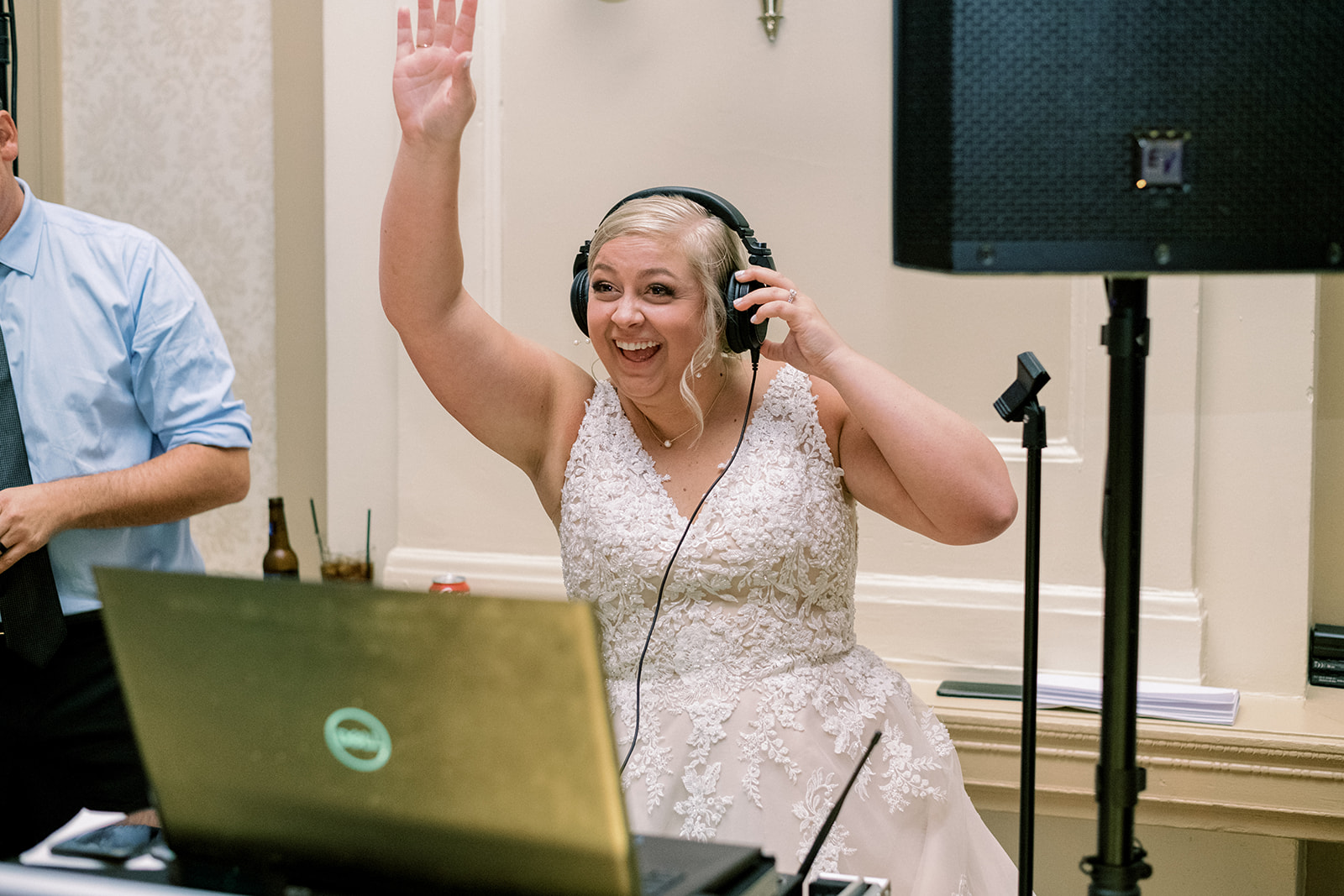Pennsylvania wedding photographer captures bride wearing dj headphones during reception